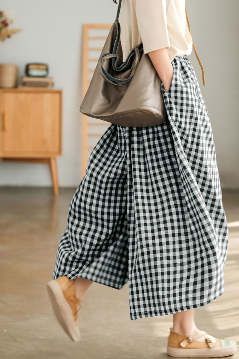 Women's Summer Casual Plaid Wide-Leg Capri Pants