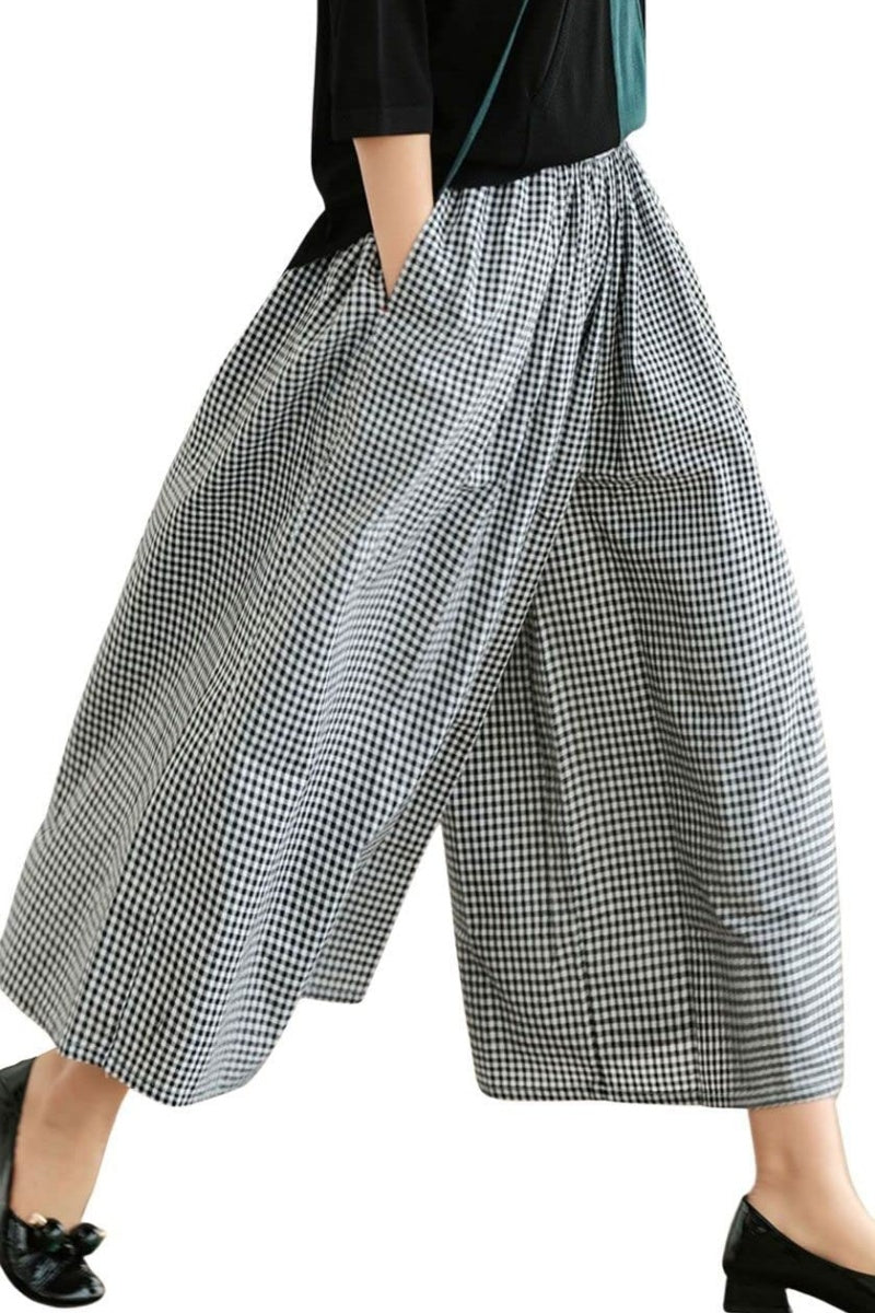 Women's Summer Casual Plaid Wide-Leg Capri Pants