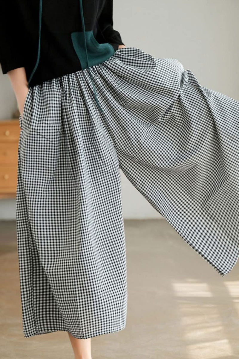 Women's Summer Casual Plaid Wide-Leg Capri Pants