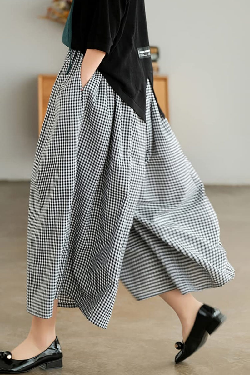 Women's Summer Casual Plaid Wide-Leg Capri Pants
