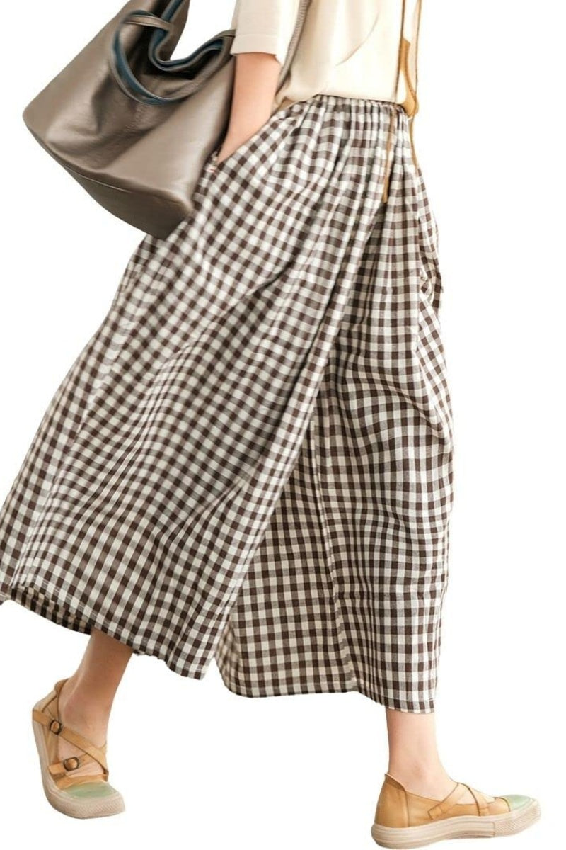 Women's Summer Casual Plaid Wide-Leg Capri Pants