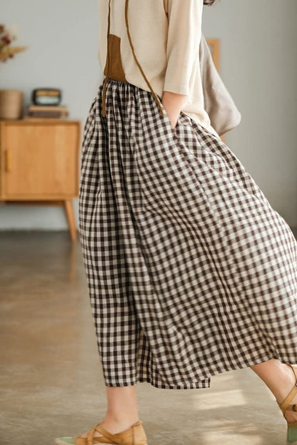 Women's Summer Casual Plaid Wide-Leg Capri Pants