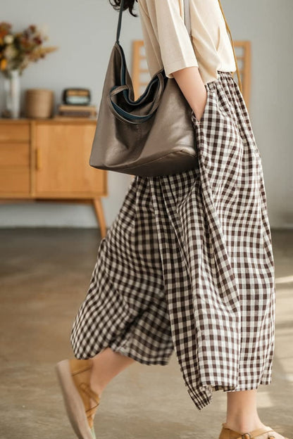 Women's Summer Casual Plaid Wide-Leg Capri Pants