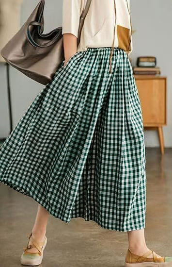 Women's Summer Casual Plaid Wide-Leg Capri Pants