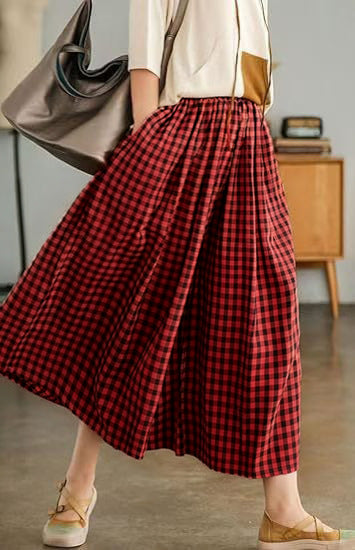 Women's Summer Casual Plaid Wide-Leg Capri Pants