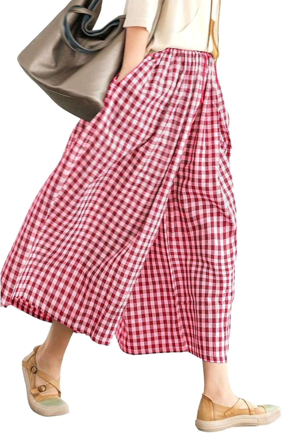 Women's Summer Casual Plaid Wide-Leg Capri Pants
