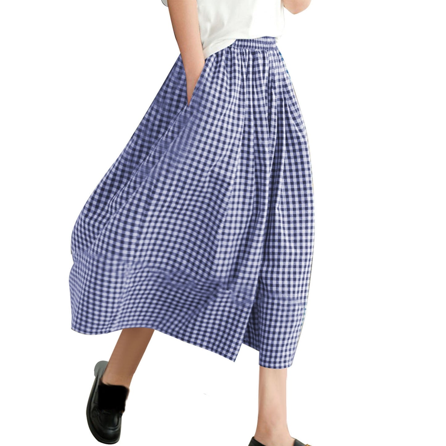 Women's Summer Casual Plaid Wide-Leg Capri Pants