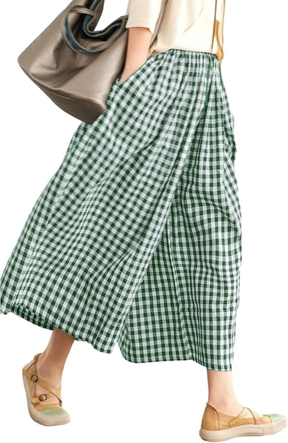 Women's Summer Casual Plaid Wide-Leg Capri Pants