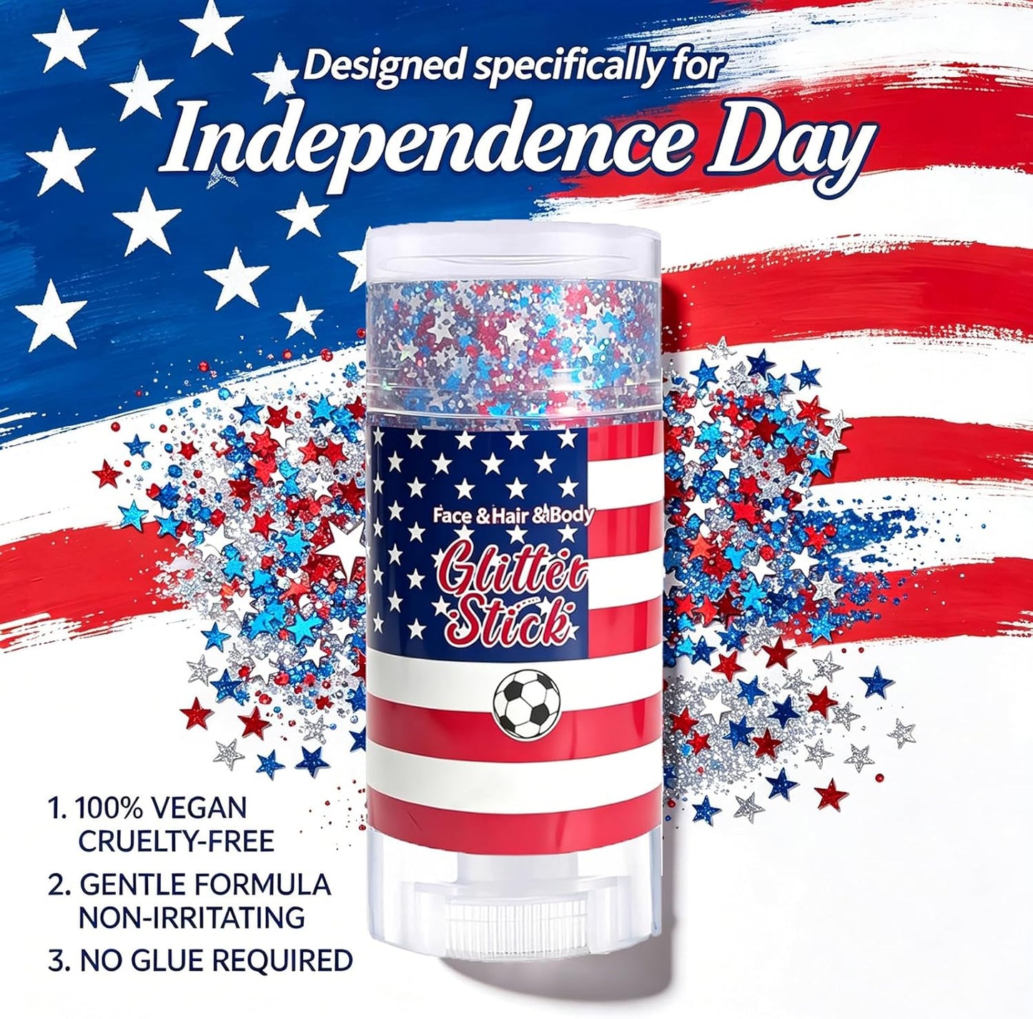 July 4th Independence Day: Star-shaped hair accessory, glitter stick, and sparkly makeup