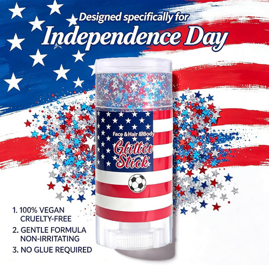 July 4th Independence Day: Star-shaped hair accessory, glitter stick, and sparkly makeup