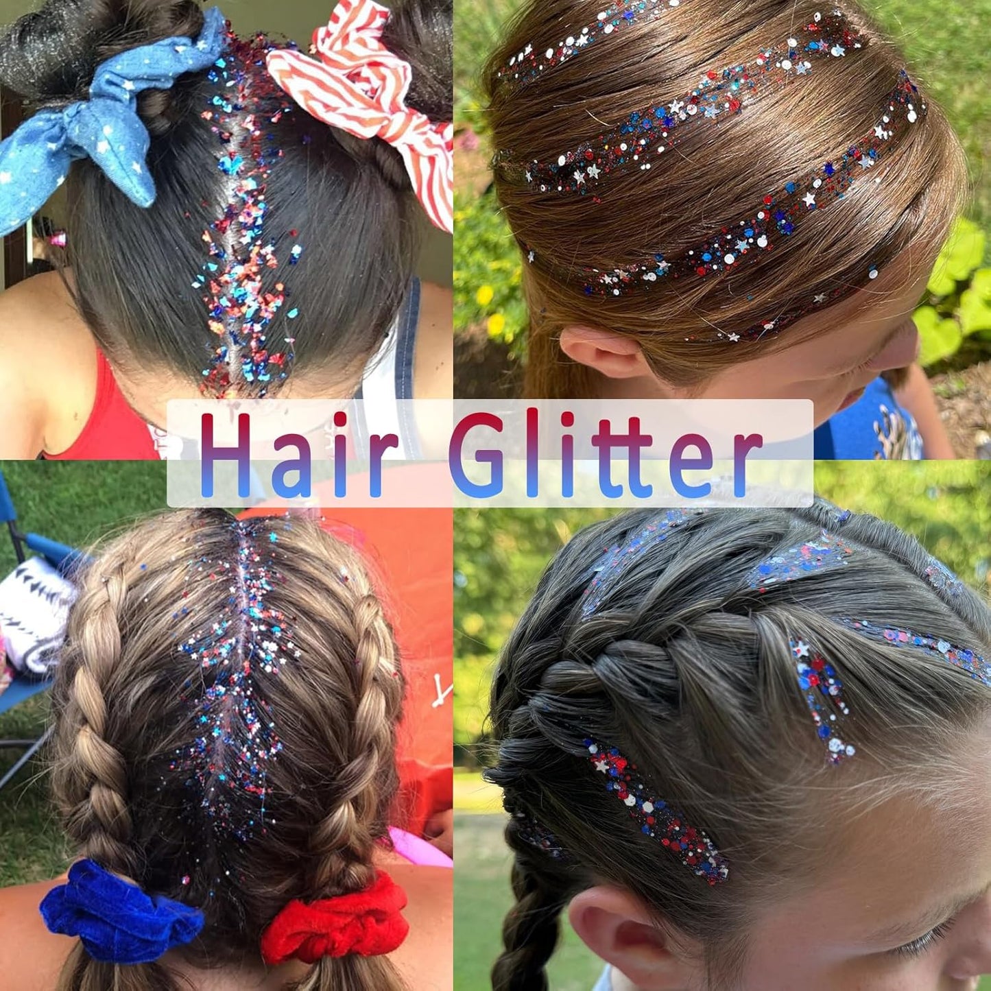 July 4th Independence Day: Star-shaped hair accessory, glitter stick, and sparkly makeup