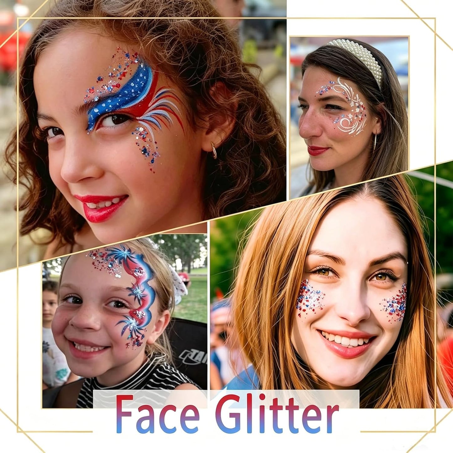 July 4th Independence Day: Star-shaped hair accessory, glitter stick, and sparkly makeup