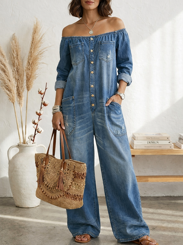 Women's Fashionable Sexy Single-Breasted Off-Shoulder Washed Faux Denim Jumpsuit