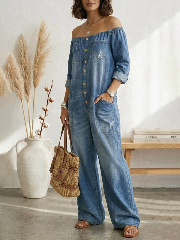 Women's Fashionable Sexy Single-Breasted Off-Shoulder Washed Faux Denim Jumpsuit