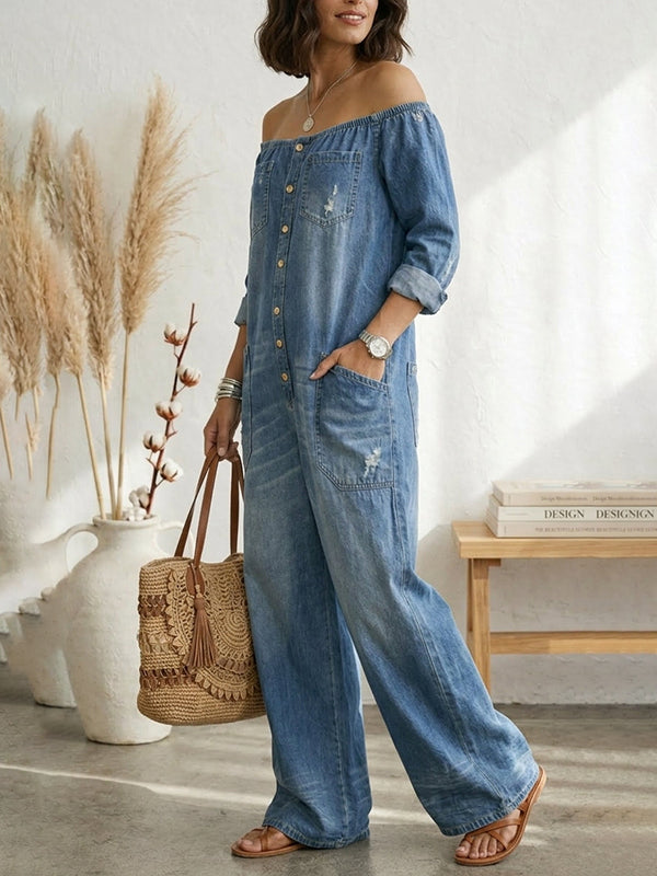 Women's Fashionable Sexy Single-Breasted Off-Shoulder Washed Faux Denim Jumpsuit