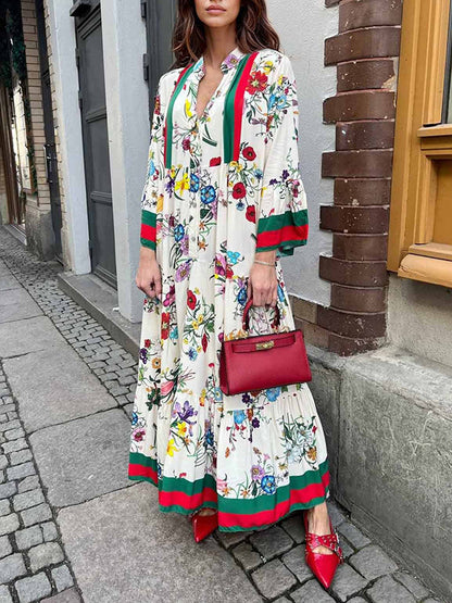 Retro Print Flared Sleeve Long Dress