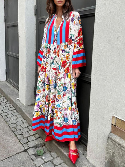 Retro Print Flared Sleeve Long Dress