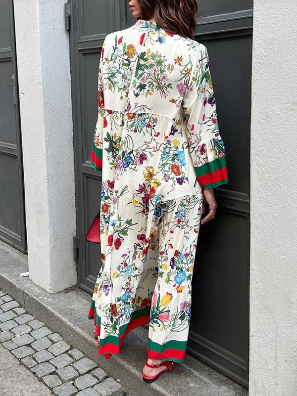 Retro Print Flared Sleeve Long Dress