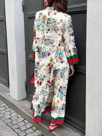 Retro Print Flared Sleeve Long Dress