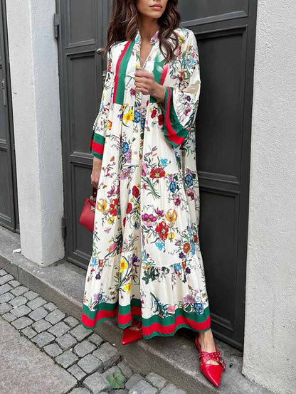 Retro Print Flared Sleeve Long Dress