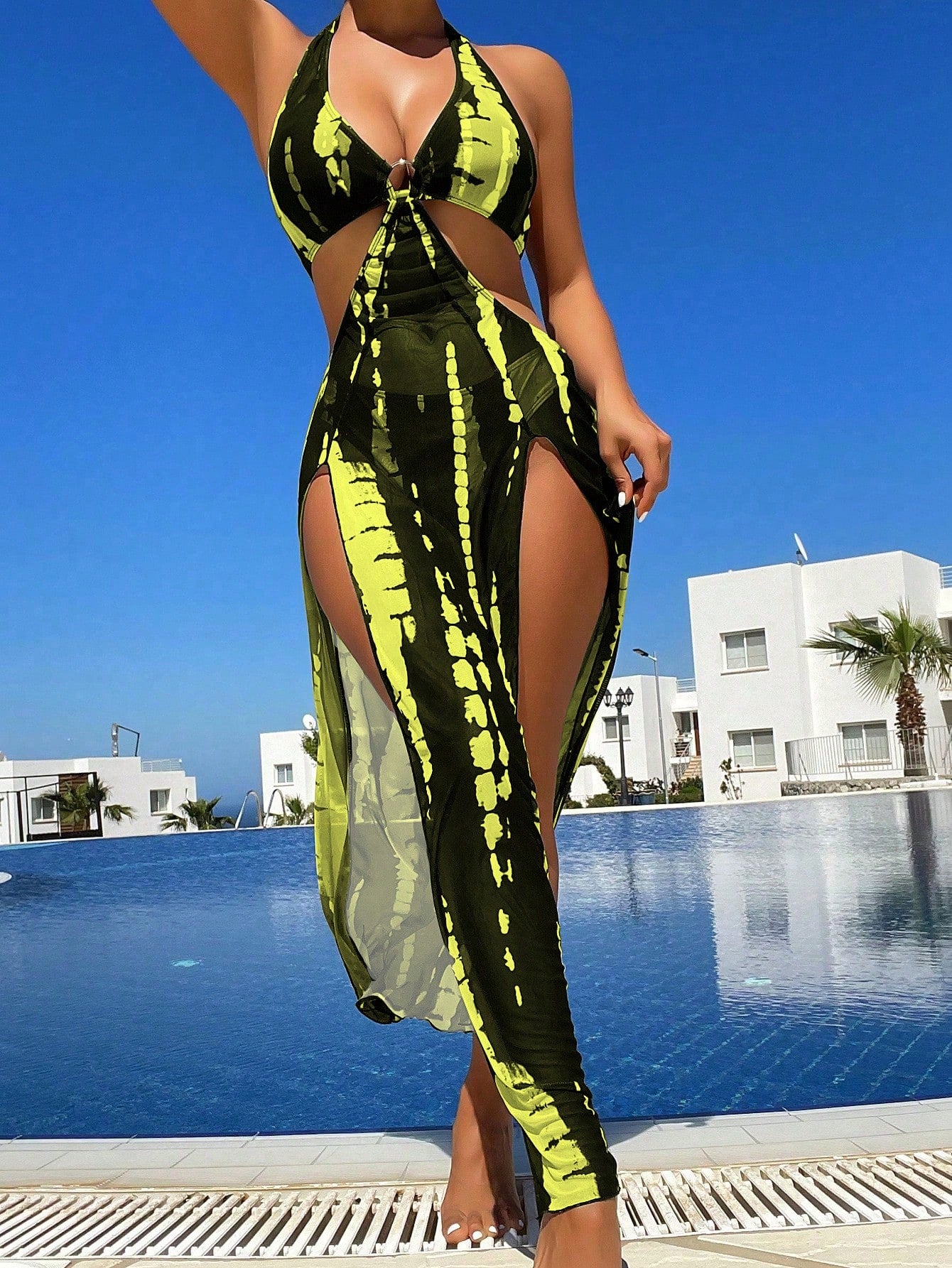 Summer beach tie-dye metal ring cutout backless knotted high-slit bikini three-piece set