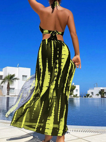 Summer beach tie-dye metal ring cutout backless knotted high-slit bikini three-piece set