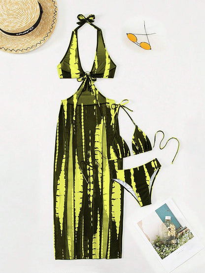 Summer beach tie-dye metal ring cutout backless knotted high-slit bikini three-piece set