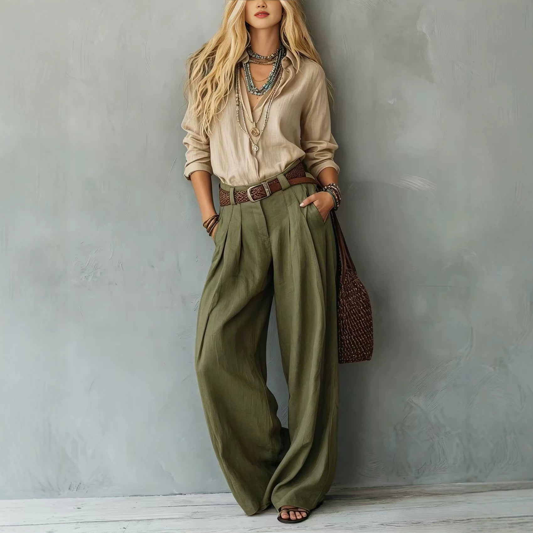 Solid color V-neck shirt and high-waisted wide-leg pants suit(Belt not included)