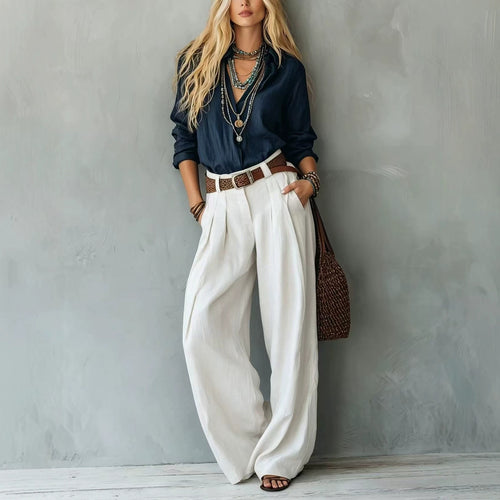 Solid color V-neck shirt and high-waisted wide-leg pants suit(Belt not included)