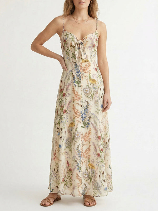 Women Wildflower Floral Print Tie Front Spaghetti Strap Flowy Maxi Dress