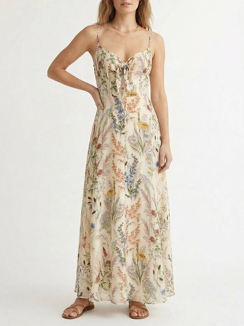 Women Wildflower Floral Print Tie Front Spaghetti Strap Flowy Maxi Dress