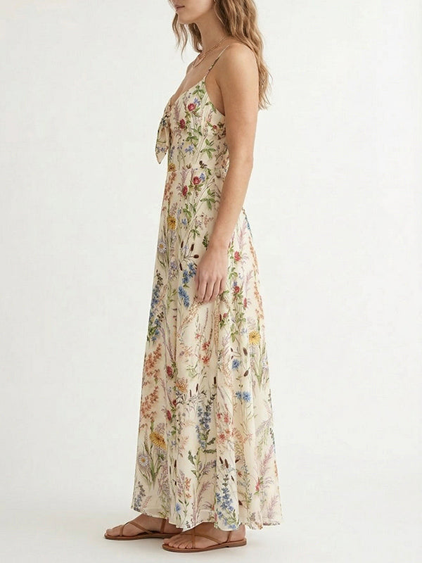 Women Wildflower Floral Print Tie Front Spaghetti Strap Flowy Maxi Dress