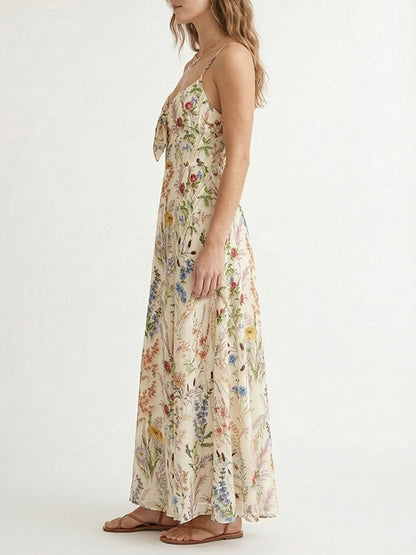 Women Wildflower Floral Print Tie Front Spaghetti Strap Flowy Maxi Dress