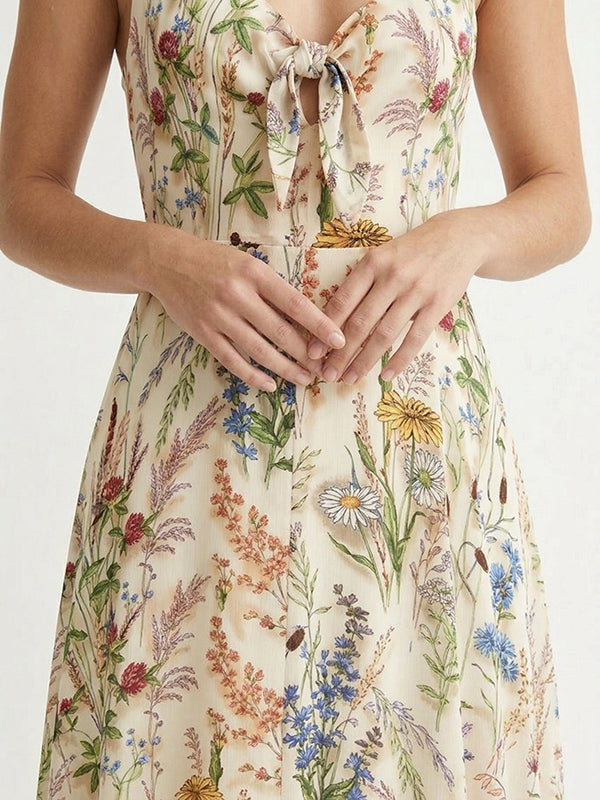 Women Wildflower Floral Print Tie Front Spaghetti Strap Flowy Maxi Dress