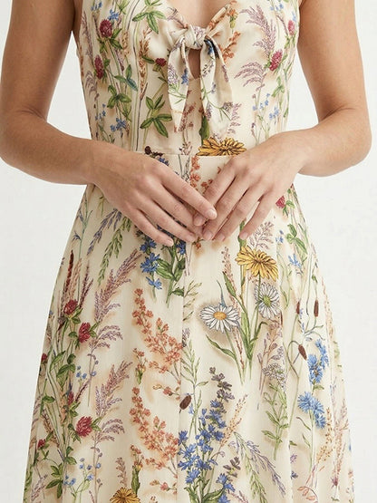 Women Wildflower Floral Print Tie Front Spaghetti Strap Flowy Maxi Dress