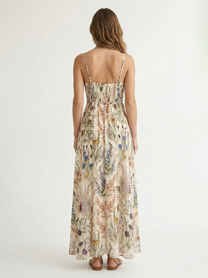 Women Wildflower Floral Print Tie Front Spaghetti Strap Flowy Maxi Dress