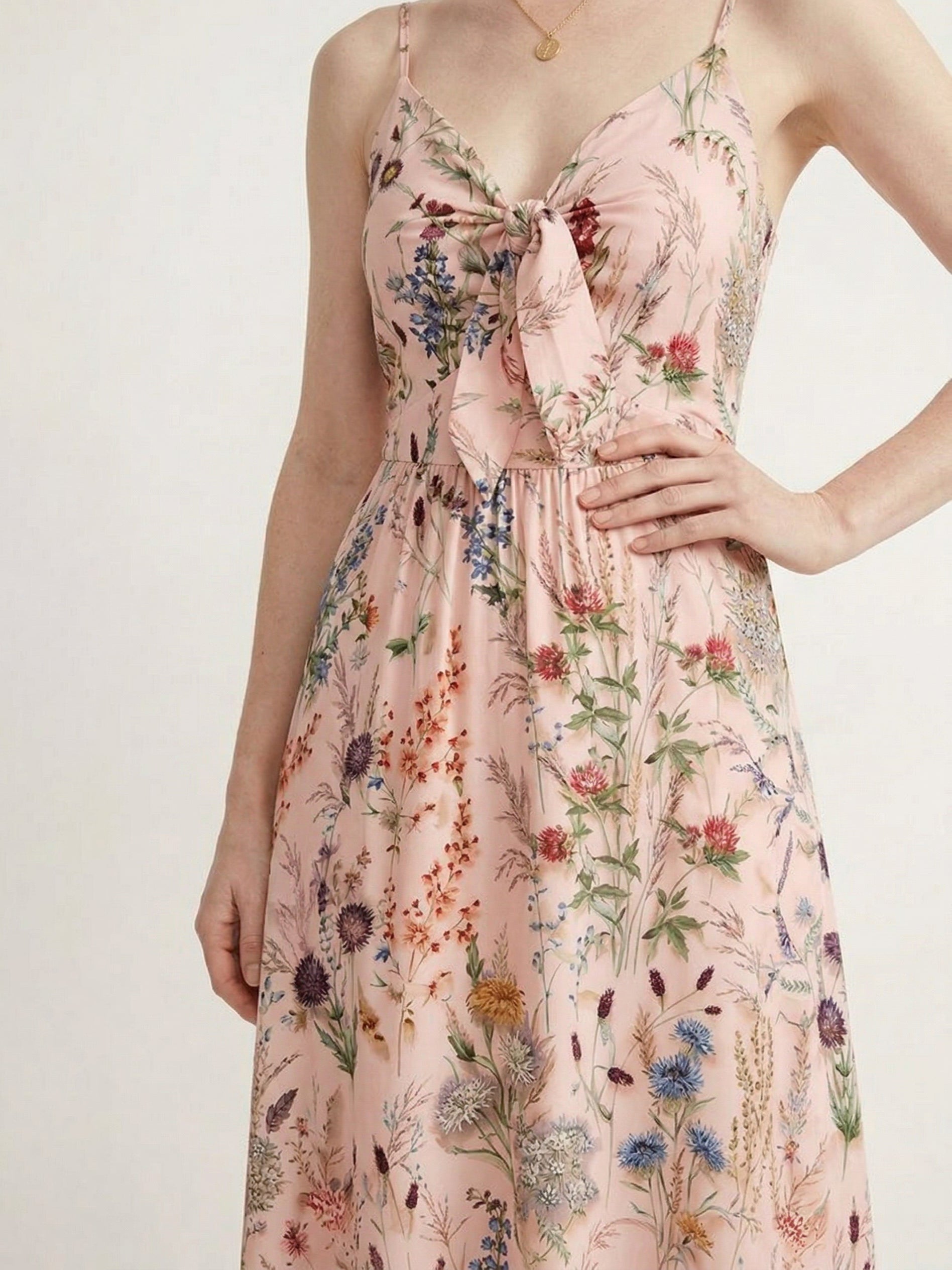 Women Wildflower Floral Print Tie Front Spaghetti Strap Flowy Maxi Dress