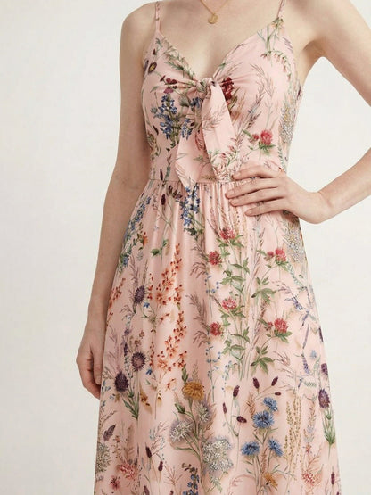 Women Wildflower Floral Print Tie Front Spaghetti Strap Flowy Maxi Dress
