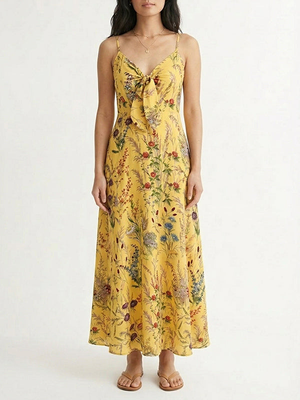 Women Wildflower Floral Print Tie Front Spaghetti Strap Flowy Maxi Dress