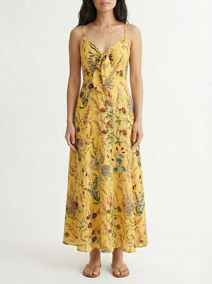 Women Wildflower Floral Print Tie Front Spaghetti Strap Flowy Maxi Dress