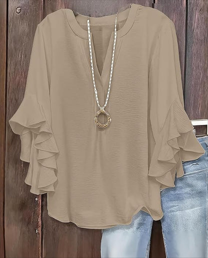Plus Size Women Notch V Neck Layered Ruffle 3/4 Sleeve Loose Casual Blouse Top