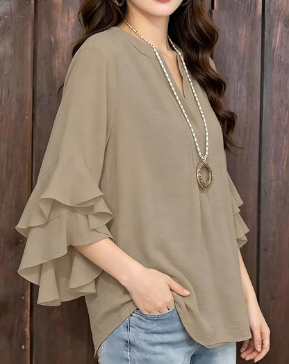 Plus Size Women Notch V Neck Layered Ruffle 3/4 Sleeve Loose Casual Blouse Top