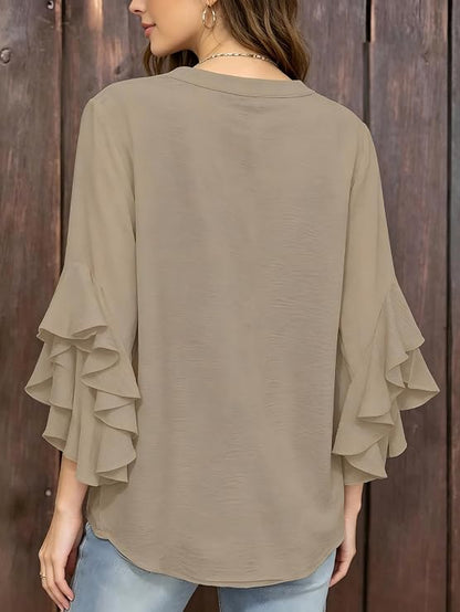 Plus Size Women Notch V Neck Layered Ruffle 3/4 Sleeve Loose Casual Blouse Top