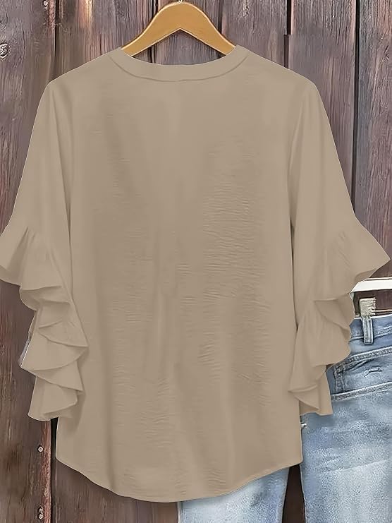 Plus Size Women Notch V Neck Layered Ruffle 3/4 Sleeve Loose Casual Blouse Top