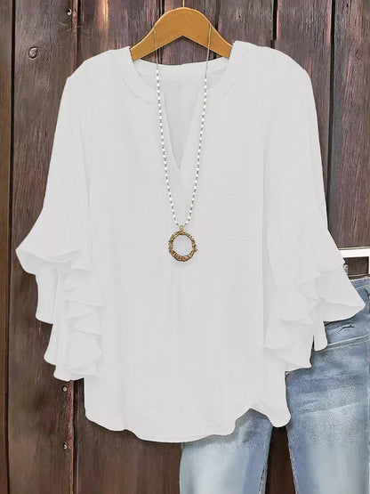 Plus Size Women Notch V Neck Layered Ruffle 3/4 Sleeve Loose Casual Blouse Top