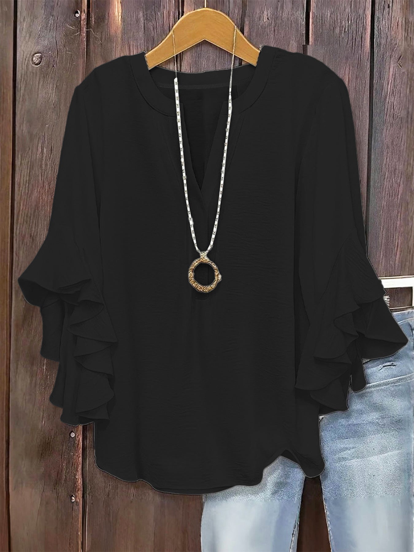 Plus Size Women Notch V Neck Layered Ruffle 3/4 Sleeve Loose Casual Blouse Top