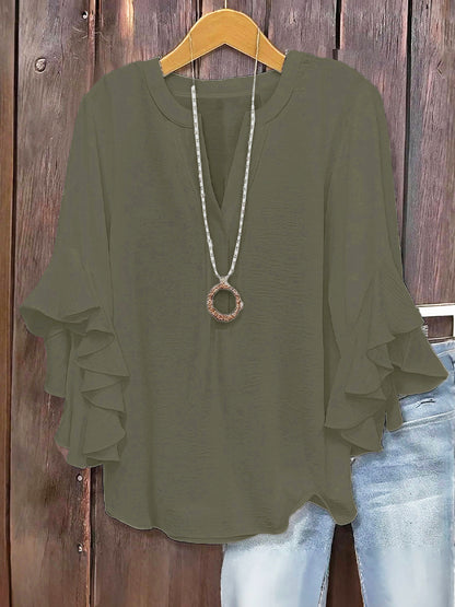 Plus Size Women Notch V Neck Layered Ruffle 3/4 Sleeve Loose Casual Blouse Top
