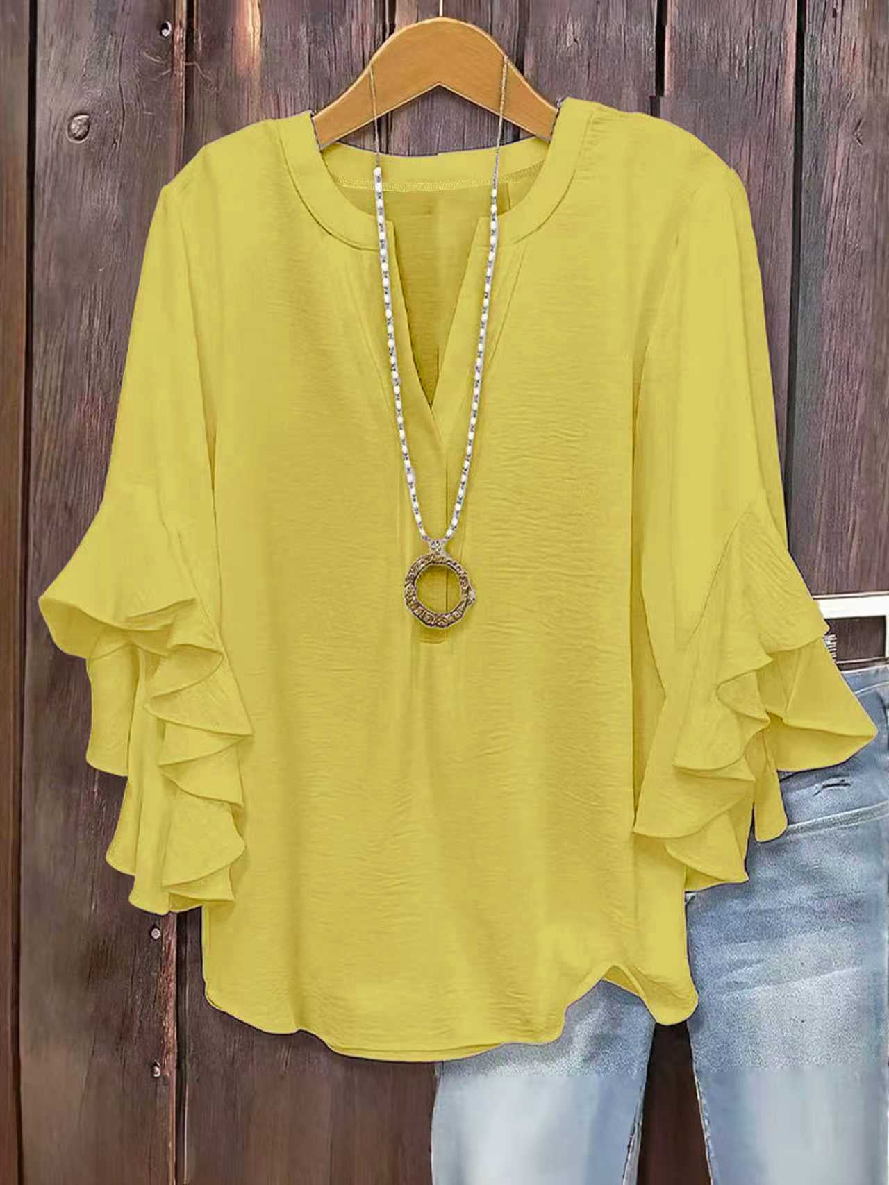 Plus Size Women Notch V Neck Layered Ruffle 3/4 Sleeve Loose Casual Blouse Top
