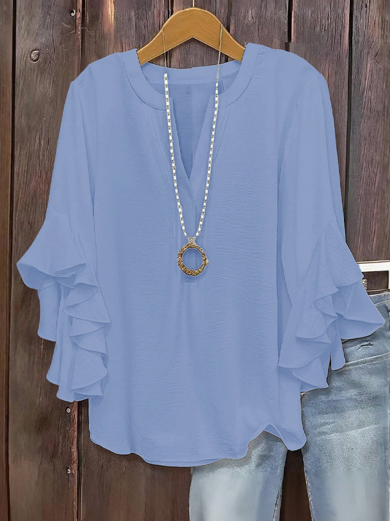 Plus Size Women Notch V Neck Layered Ruffle 3/4 Sleeve Loose Casual Blouse Top