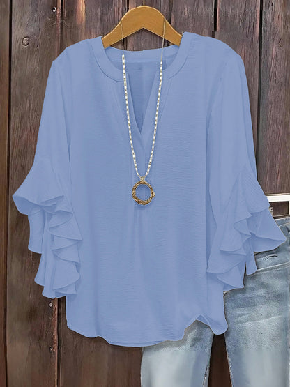 Plus Size Women Notch V Neck Layered Ruffle 3/4 Sleeve Loose Casual Blouse Top